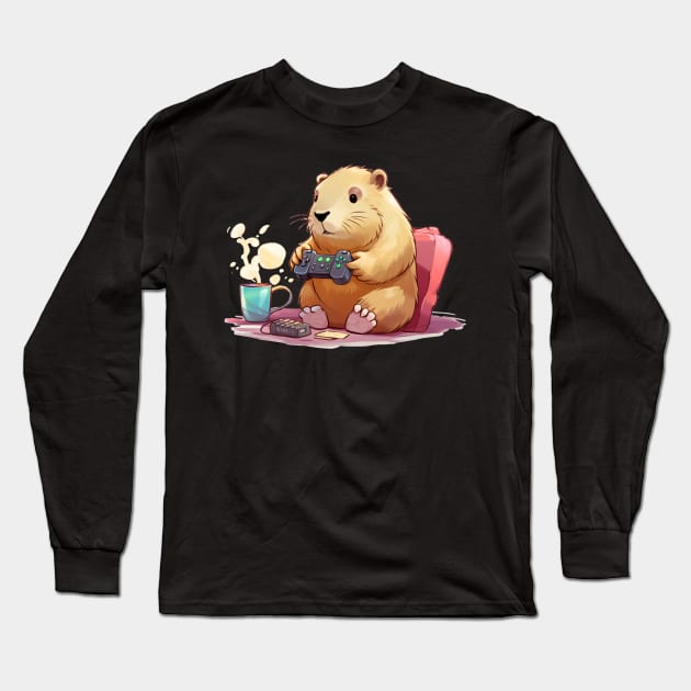 Kawaii Capybara play game in a room Long Sleeve T-Shirt by MilkyBerry